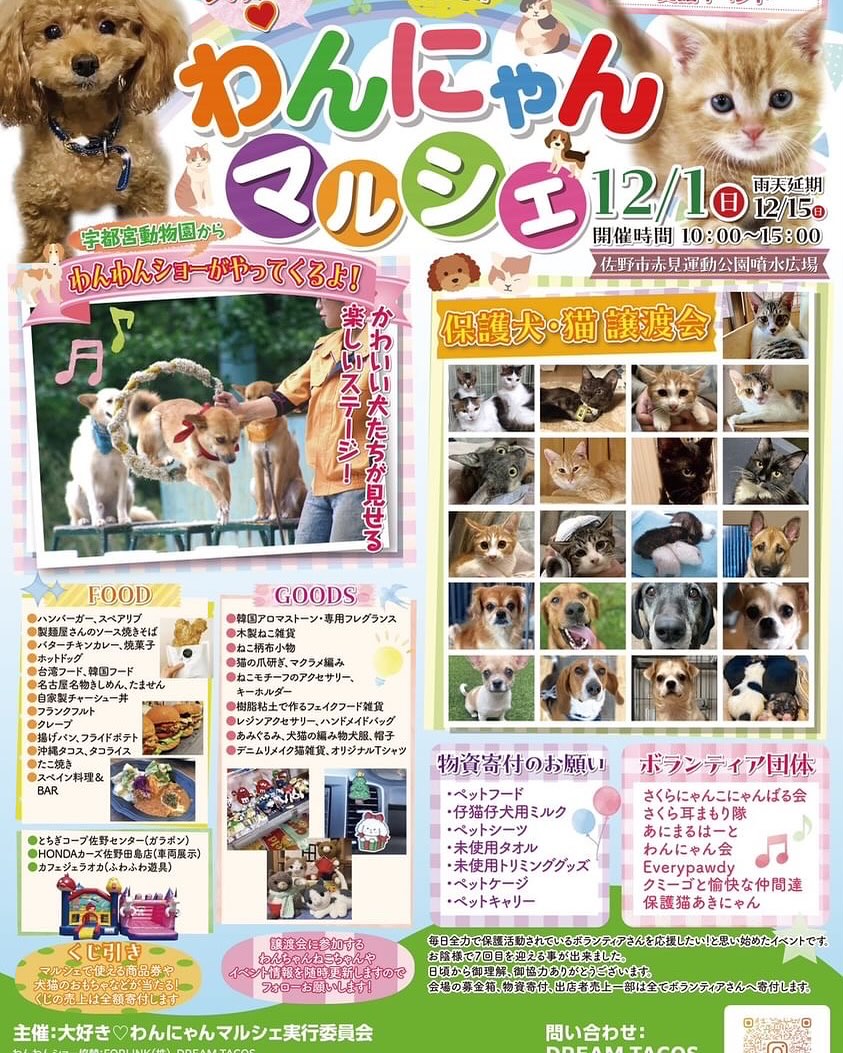 #塩レモンラーメン🍋 #塩レモンラーメン🍋
12月1日、日曜日 赤見運動公園噴水広場にて
大好きわんにゃんマルシェが開催されます!
日頃、忙しい中時間をつくり、保護猫保護犬ちゃんのお世話をしてくださっているボランティアさん達に敬意を表し、募金、譲渡会、物資寄付、が一体となったマルシェです。マルシェの売上も1部寄付にまわりますのでマルシェを楽しむだけでボランティアさんの支援に繋がります!沢山のお客様のご来場をお待ちしております!