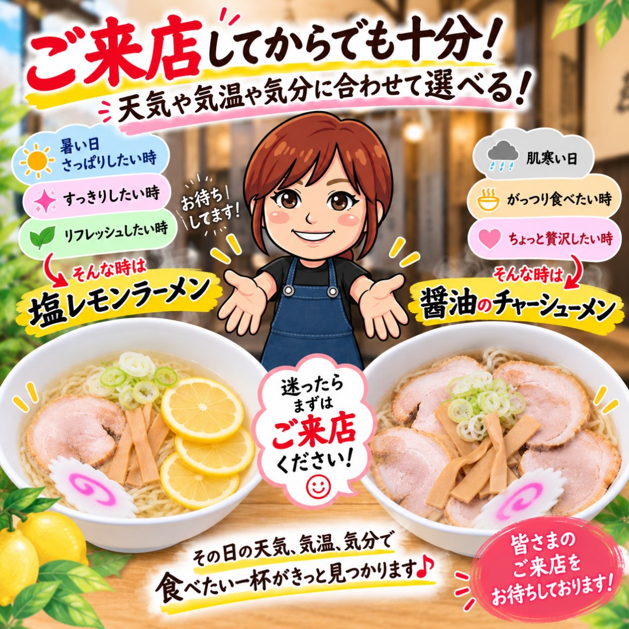 佐野駅近3分、年間1万杯作る元祖レモンラーメン

ご来店してからの気分で選んでください！
今日はどんな気分ですか？
暑いからさっぱりと冷たい塩レモンラーメン！
寒いから、あったかいラーメン！
⁡
醤油も塩も！
あっさりもガッツリも！
⁡
ご来店お待ちしております(*^^*)
⁡
 
 #塩レモンラーメン🍋